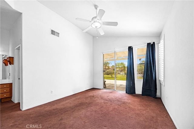 23681 Corte Sabio, Murrieta, CA 92562 - unfurnished bedroom with carpet flooring, lofted ceiling, access to exterior, and a ceiling fan
