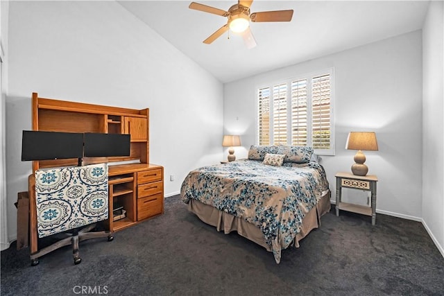 23681 Corte Sabio, Murrieta, CA 92562 - bedroom with dark colored carpet, lofted ceiling, and a ceiling fan