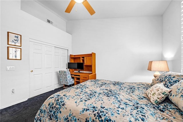 23681 Corte Sabio, Murrieta, CA 92562 - bedroom with dark carpet, a closet, a ceiling fan, and vaulted ceiling