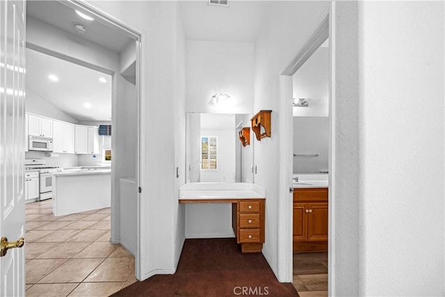 23681 Corte Sabio, Murrieta, CA 92562 - full bathroom featuring vanity, lofted ceiling, and tile patterned flooring