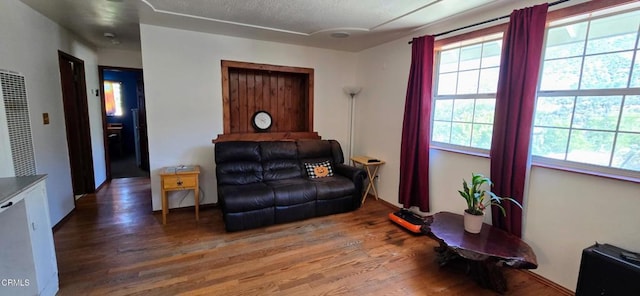 4141 Willow Trl, Frazier Park, CA 93225 - living area with healthy amount of natural light, wood finished floors, a textured ceiling, and a heating unit