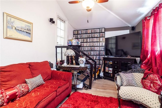 14724 Maclay St, San Fernando, CA 91345 - living room with lofted ceiling, wood finished floors, and a ceiling fan