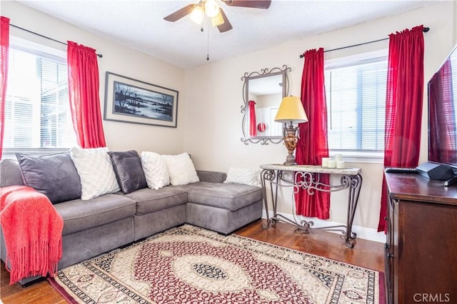 14724 Maclay St, San Fernando, CA 91345 - living room featuring wood finished floors, a ceiling fan, and healthy amount of natural light