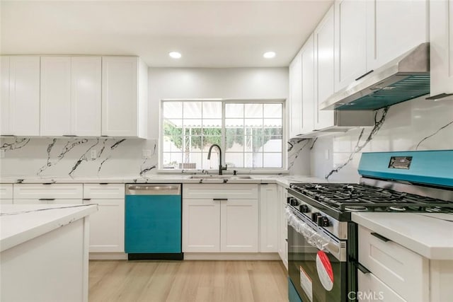13119 Constable Ave, Granada Hills, CA 91344 - kitchen featuring stainless steel gas stove, dishwasher, under cabinet range hood, tasteful backsplash, and white cabinetry