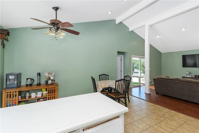 5080 Pearblossom, Riverside, CA 92507 - dining space featuring beam ceiling, ceiling fan, high vaulted ceiling, and light tile patterned floors
