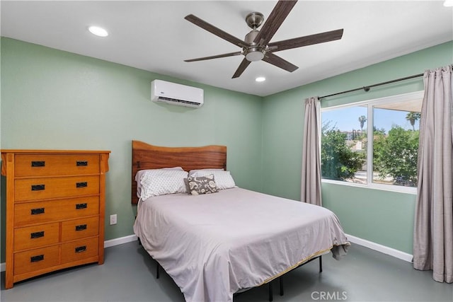 5080 Pearblossom, Riverside, CA 92507 - bedroom with an AC wall unit, finished concrete floors, recessed lighting, and a ceiling fan