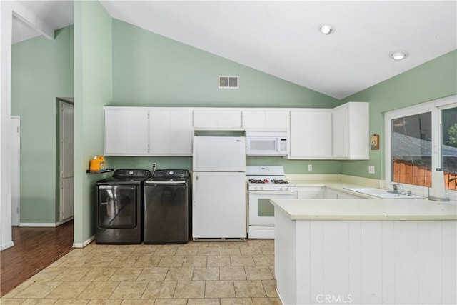5080 Pearblossom, Riverside, CA 92507 - kitchen featuring white appliances, washer and clothes dryer, light countertops, white cabinets, and high vaulted ceiling