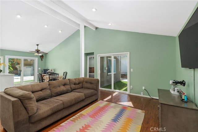 5080 Pearblossom, Riverside, CA 92507 - living area with wood finished floors, beam ceiling, ceiling fan, and high vaulted ceiling
