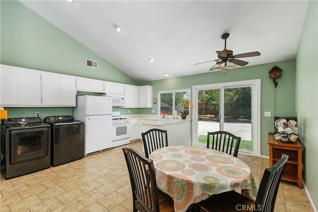 5080 Pearblossom, Riverside, CA 92507 - dining area featuring washer and clothes dryer, a ceiling fan, high vaulted ceiling, and recessed lighting