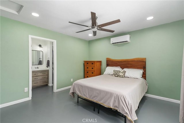 5080 Pearblossom, Riverside, CA 92507 - bedroom with an AC wall unit, concrete flooring, recessed lighting, ensuite bathroom, and a ceiling fan