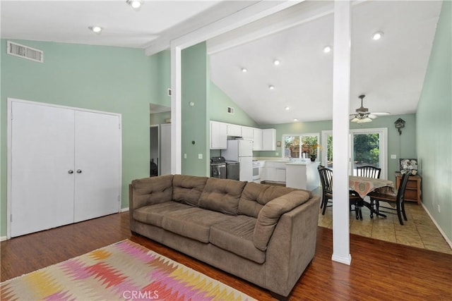 5080 Pearblossom, Riverside, CA 92507 - living area featuring a ceiling fan, high vaulted ceiling, beamed ceiling, and wood finished floors