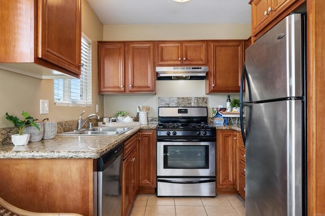 1361 Felspar St Unit 7, San Diego, CA 92109 - kitchen with stainless steel appliances, under cabinet range hood, brown cabinetry, and light tile patterned floors