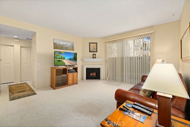 2823 W W Ave K12, Unit 136, Lancaster, CA 93536 - carpeted living area with a textured ceiling and a lit fireplace