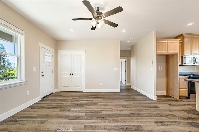 836 Regnier Ln, Paradise, CA 95969 - kitchen featuring stainless steel microwave, range, ceiling fan, recessed lighting, and light brown cabinets
