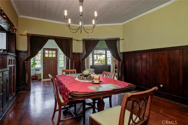 571 W 17th St, San Pedro, CA 90731 - dining room featuring dark wood finished floors, healthy amount of natural light, wainscoting, crown molding, and wood ceiling