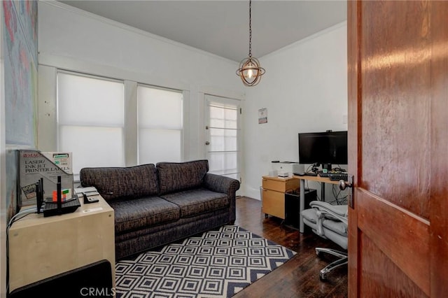 571 W 17th St, San Pedro, CA 90731 - living room with crown molding, dark wood-style floors, and a desk