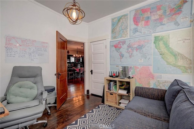 571 W 17th St, San Pedro, CA 90731 - office featuring dark wood-style floors, a chandelier, and ornamental molding