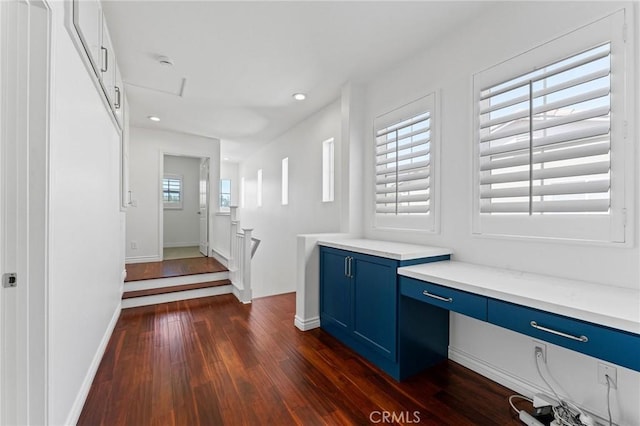 49 Eaglecreek, Irvine, CA 92618 - hallway featuring dark wood-style flooring, recessed lighting, and a desk