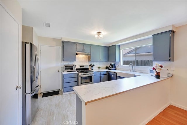 3966 Laurel Ct, Chino Hills, CA 91709 - kitchen with stainless steel appliances, a peninsula, light wood-style flooring, light countertops, and decorative backsplash