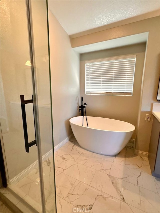 13067 Winterpark Way, Riverside, CA 92503 - bathroom featuring marble finish flooring, a shower stall, a soaking tub, and vanity