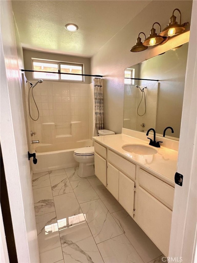 13067 Winterpark Way, Riverside, CA 92503 - full bath featuring shower / tub combo, vanity, marble finish floors, and a textured ceiling