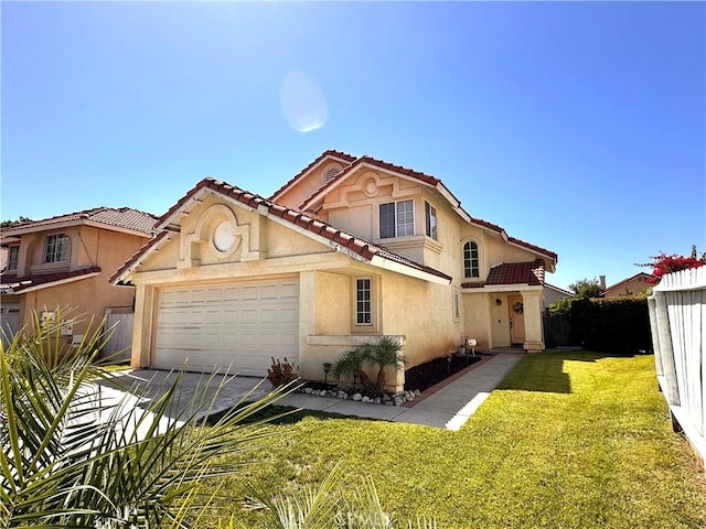 13067 Winterpark Way, Riverside, CA 92503 - mediterranean / spanish home with a garage, stucco siding, a front lawn, a tiled roof, and driveway