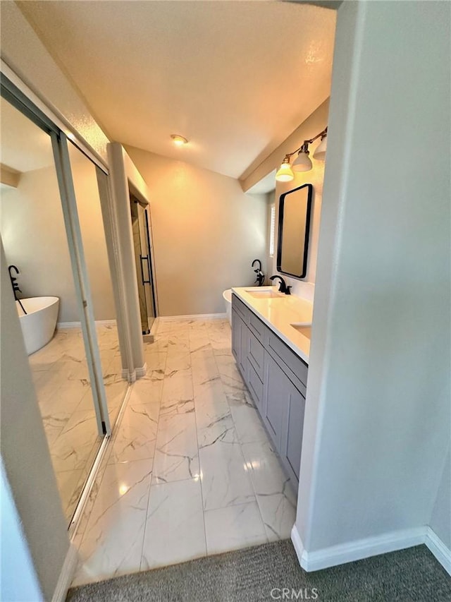 13067 Winterpark Way, Riverside, CA 92503 - full bath featuring double vanity, a soaking tub, marble finish floors, and a shower with door