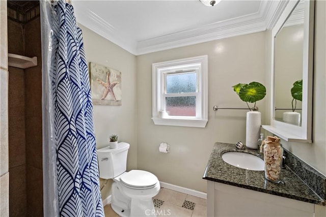 9662 Crosby Ave, Garden Grove, CA 92844 - bathroom featuring vanity, ornamental molding, tile patterned floors, and a shower with curtain