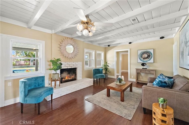 9662 Crosby Ave, Garden Grove, CA 92844 - living room featuring a fireplace, a ceiling fan, a wood ceiling with exposed beams, and wood finished floors