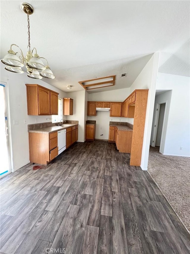 32161 Zircon Rd, Lucerne Valley, CA 92356 - kitchen with white dishwasher, dark wood-style flooring, a chandelier, and decorative light fixtures