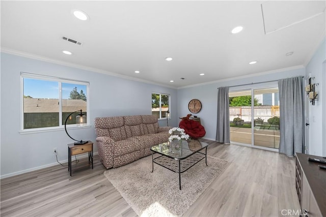 1440 Amanda Pl, Upland, CA 91784 - living room featuring ornamental molding, light wood-style floors, and recessed lighting