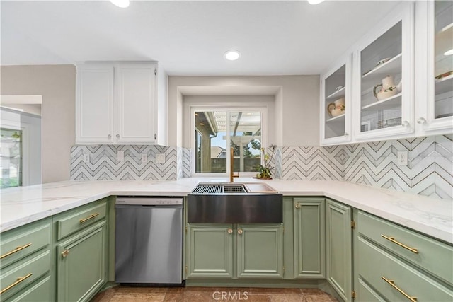 1440 Amanda Pl, Upland, CA 91784 - kitchen with stainless steel dishwasher, green cabinets, white cabinetry, backsplash, and recessed lighting