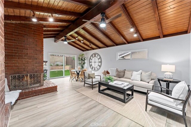4802 Brookway Ave, Yorba Linda, CA 92886 - living room featuring wooden ceiling, a ceiling fan, wood finished floors, track lighting, and a fireplace