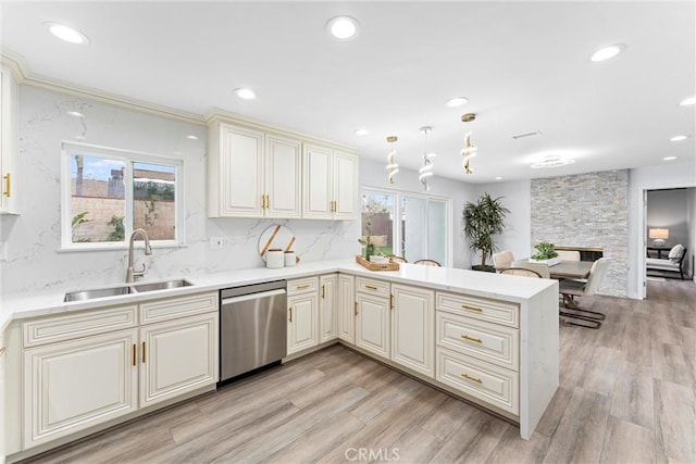 4802 Brookway Ave, Yorba Linda, CA 92886 - kitchen featuring stainless steel dishwasher, a peninsula, recessed lighting, light wood-type flooring, and tasteful backsplash