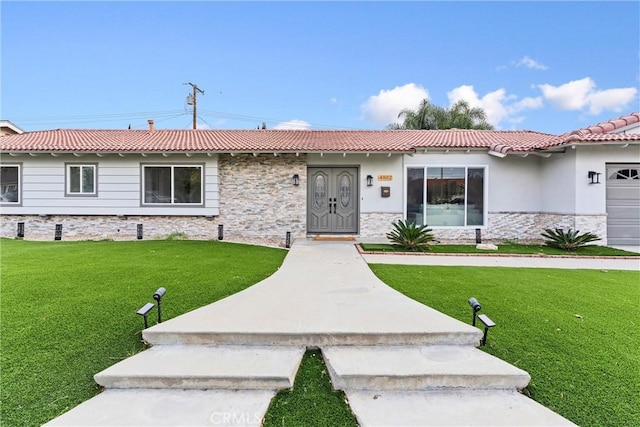 4802 Brookway Ave, Yorba Linda, CA 92886 - ranch-style home featuring stone siding, a front lawn, and stucco siding