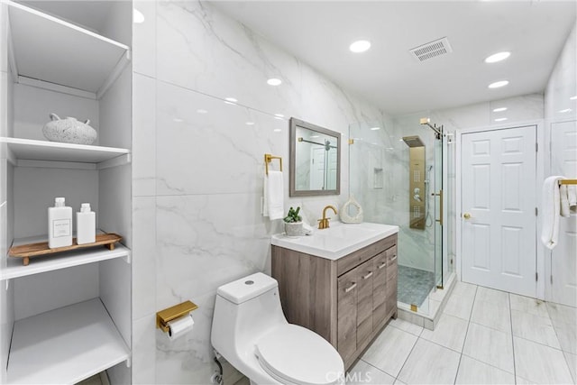 4802 Brookway Ave, Yorba Linda, CA 92886 - bathroom with vanity, a marble finish shower, tile walls, recessed lighting, and tile patterned floors