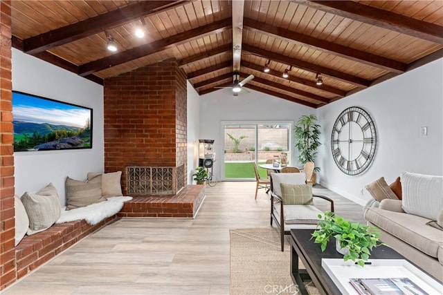 4802 Brookway Ave, Yorba Linda, CA 92886 - living room with wooden ceiling, light wood finished floors, a ceiling fan, and an outdoor brick fireplace