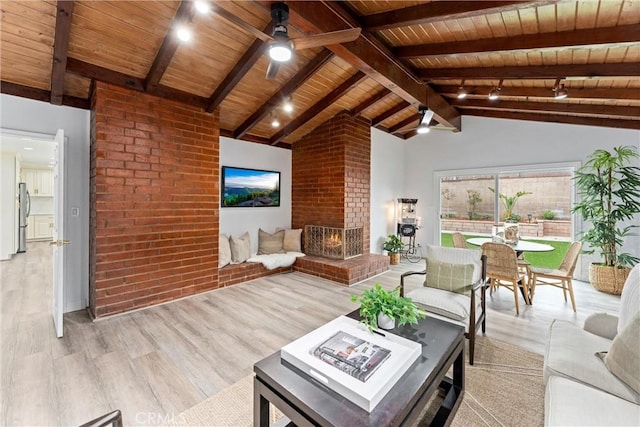 4802 Brookway Ave, Yorba Linda, CA 92886 - living area featuring wooden ceiling, light wood-style flooring, a ceiling fan, and an outdoor brick fireplace