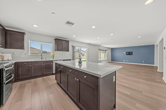 28339 Levi Way, Menifee, CA 92585 - kitchen with appliances with stainless steel finishes, dark brown cabinetry, light wood-style flooring, and recessed lighting