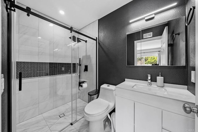 7971 Jade Coast Rd, San Diego, CA 92126 - bathroom featuring a textured wall, vanity, a shower stall, and marble finish flooring