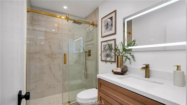19081 Wildwood Cir, Lake Forest, CA 92679 - bathroom with vanity, a shower stall, and recessed lighting