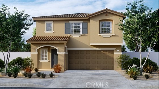 18774 Hampton Ln, Adelanto, CA 92301 - mediterranean / spanish-style house featuring an attached garage, stucco siding, a tile roof, and driveway