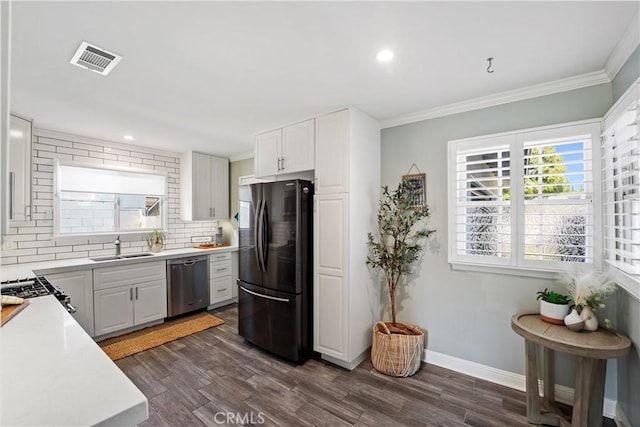 11243 Gaviota Ave, Granada Hills, CA 91344 - kitchen featuring smart refrigerator, dishwasher, tasteful backsplash, light countertops, and crown molding