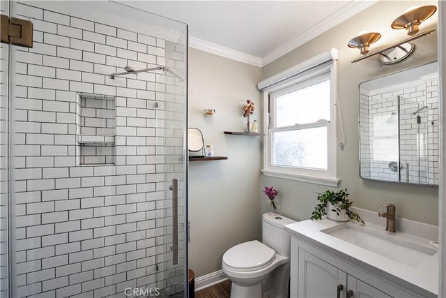 11243 Gaviota Ave, Granada Hills, CA 91344 - full bath featuring vanity, a shower stall, ornamental molding, and wood finished floors