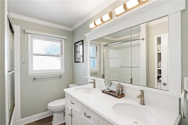 11243 Gaviota Ave, Granada Hills, CA 91344 - full bathroom featuring tiled shower, double vanity, healthy amount of natural light, and ornamental molding