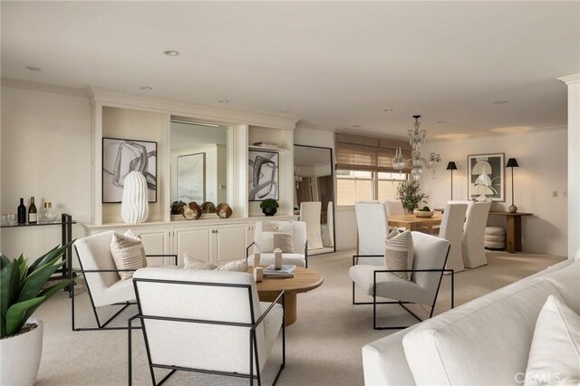 816 Via Lido Nord, Newport Beach, CA 92663 - carpeted living room with crown molding and a chandelier