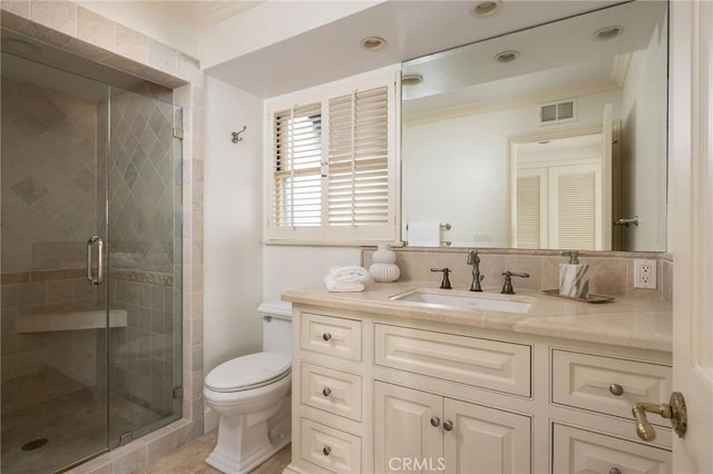 816 Via Lido Nord, Newport Beach, CA 92663 - bathroom featuring vanity, a shower stall, and ornamental molding