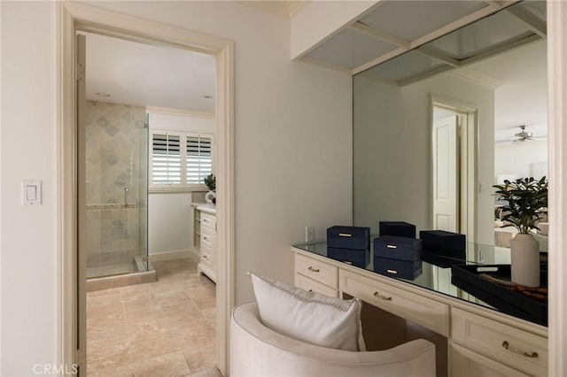 816 Via Lido Nord, Newport Beach, CA 92663 - bathroom with a stall shower, crown molding, vanity, and ceiling fan