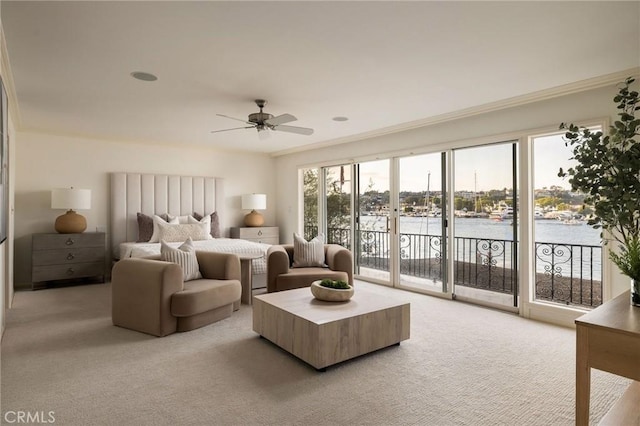 816 Via Lido Nord, Newport Beach, CA 92663 - bedroom with access to outside, light colored carpet, a water view, ceiling fan, and ornamental molding