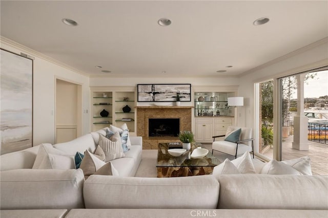 816 Via Lido Nord, Newport Beach, CA 92663 - living room with crown molding, a fireplace, and recessed lighting